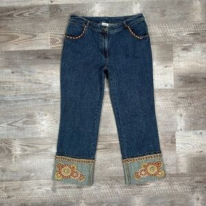 Y2K Cache Size 6 Denim Capri Jeans Cropped Blue Rhinestones Beaded Cuffed